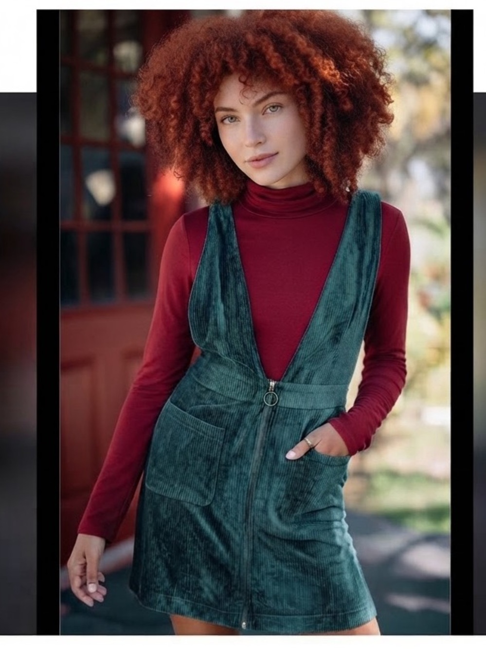 Moon River Plunging Corduroy Pinafore Mini Dress Forest Green
